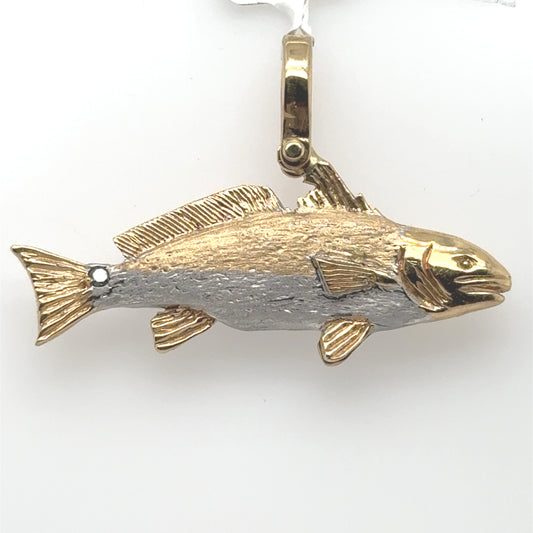 Two-tone 14K gold redfish pendant with rhodium bottom and articulating bail.