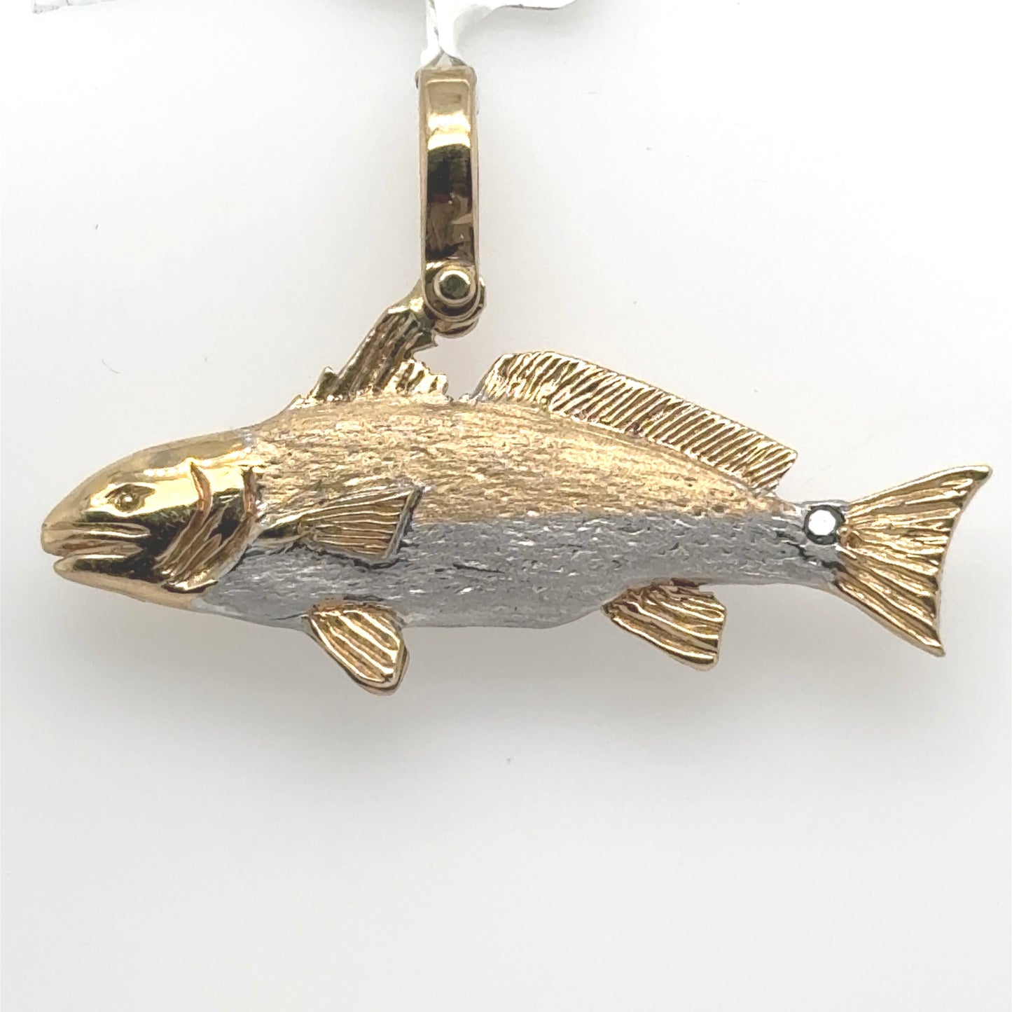 14K two-tone redfish pendant with yellow gold and rhodium finish, articulating bail.