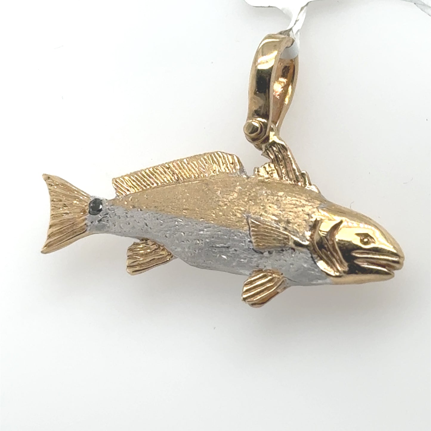 Two-tone 14K gold redfish pendant with rhodium-silver belly and black diamond eye.