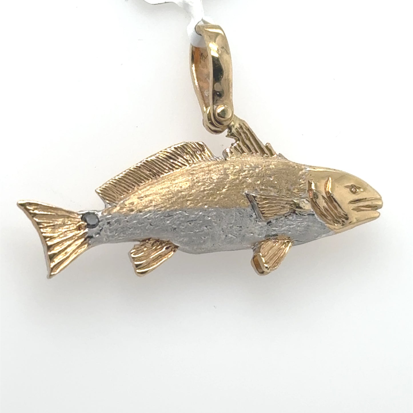 14K two-tone redfish pendant with yellow gold and rhodium body, articulating bail, black diamond accent.