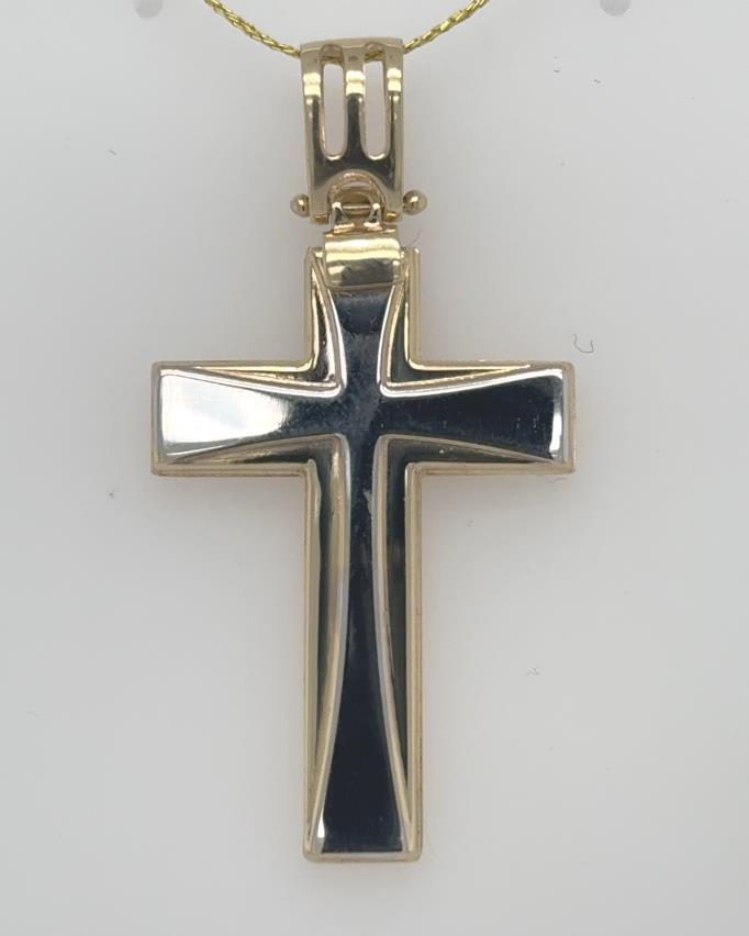 14K two-tone cross pendant with polished white center and yellow gold border.