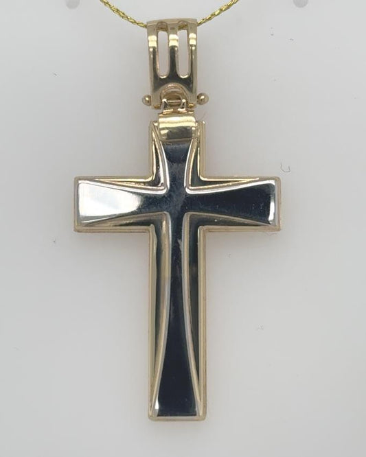 14K two-tone cross pendant with polished white center and yellow gold border.