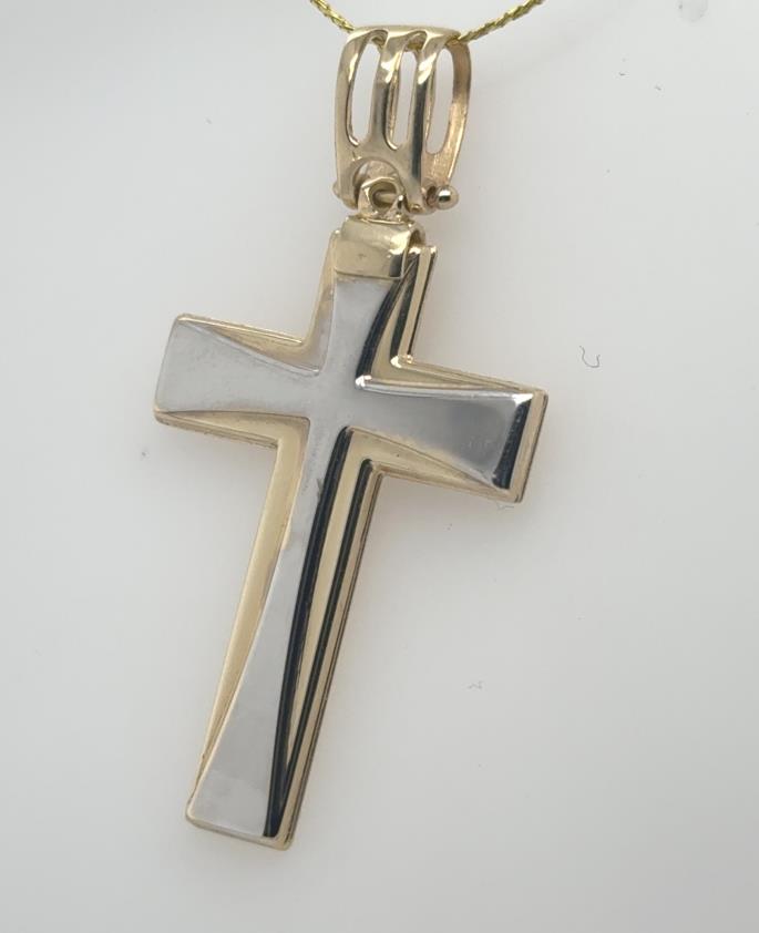 Two-tone 14K cross pendant with white center, yellow gold border, and articulated bail.