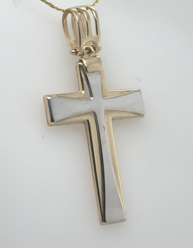 Two-tone 14K cross pendant with white center, yellow border, articulated bail.