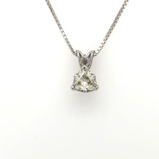 14K white gold pendant with trillion‑cut diamond in three‑prong basket and rabbit‑ear bail.