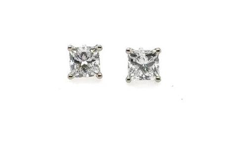 14K white gold stud earrings with princess-cut diamonds in four-prong martini settings.