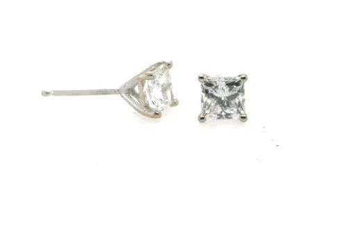 14K white gold princess-cut diamond stud earrings in four-prong martini settings.