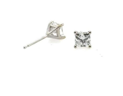 14K white gold stud earrings with princess-cut diamonds in four-prong martini settings.