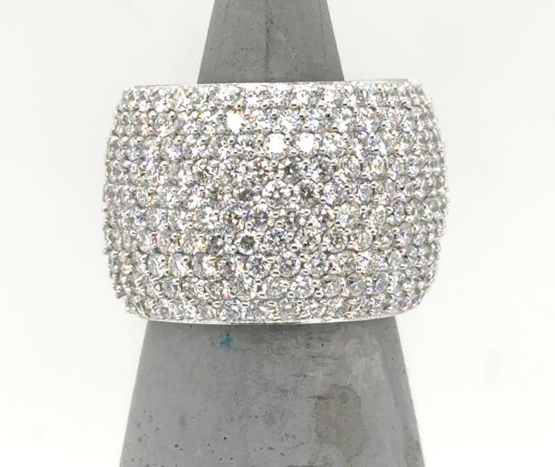 Wide 14K white gold band with ten rows of pave-set round diamonds.