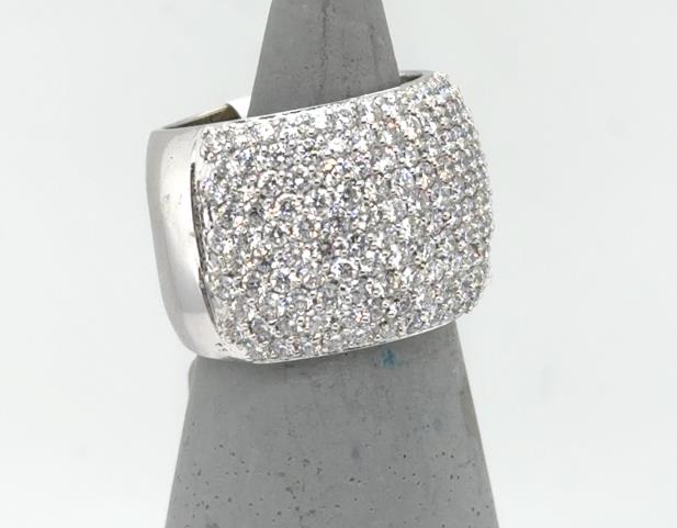 Wide 14K white gold band with ten rows of pave-set round diamonds.