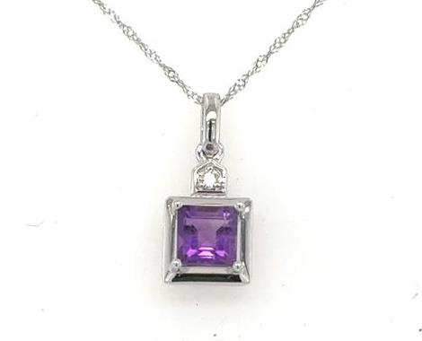 14K white gold pendant with square step-cut amethyst and small round diamond on twisted rope chain.