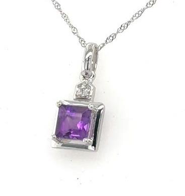 14K white gold pendant with square step-cut purple amethyst and small round diamond on a fine rope chain.