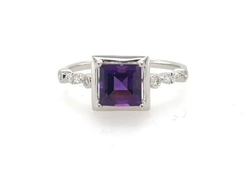 14K white gold ring with square step-cut purple amethyst and small round diamonds on the band.