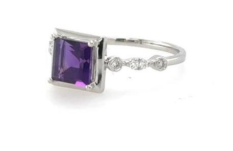 14K white gold ring with square step-cut purple amethyst and bezel-set diamond accents.