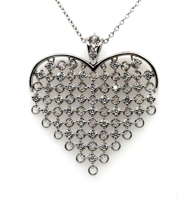 14K white gold chainmail heart pendant with round diamond lattice on rolo chain.