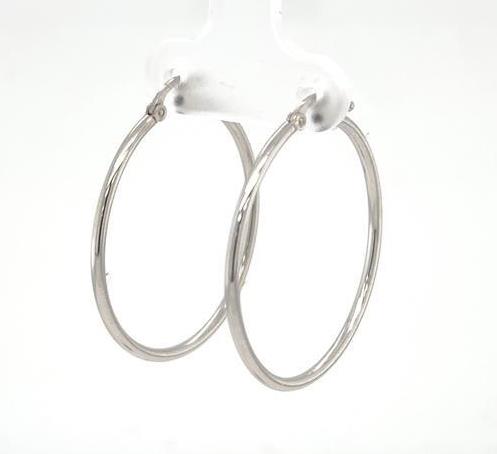 14K white gold thin tube hoop earrings with hinged posts, 30mm diameter.