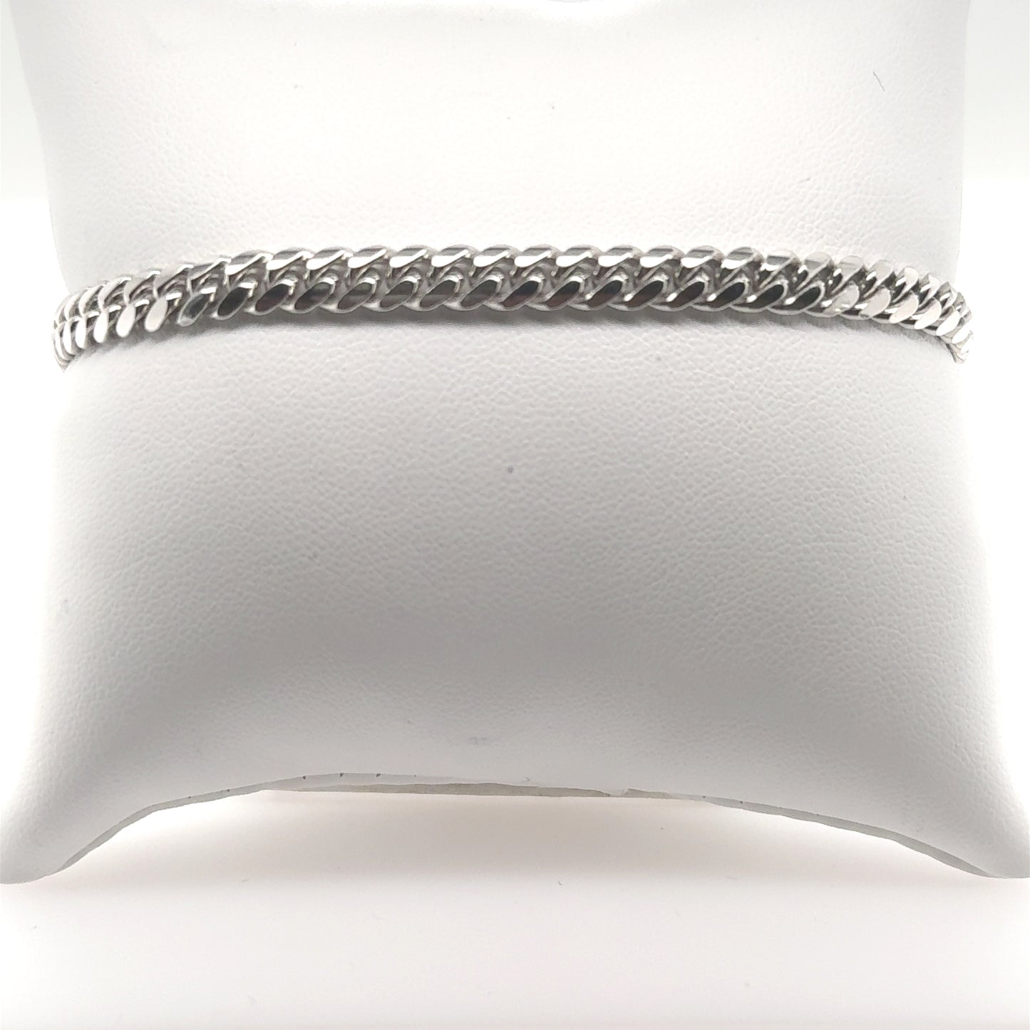 14K white gold Miami Cuban link bracelet with polished silver-tone chain.