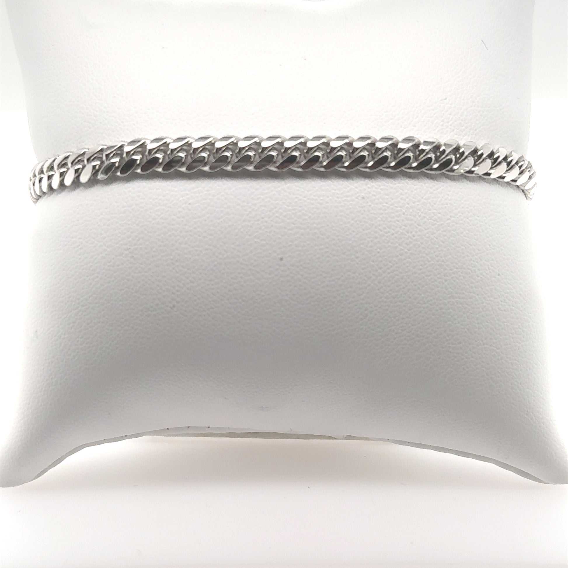 14K white gold Miami Cuban link bracelet with polished silver-tone chain.
