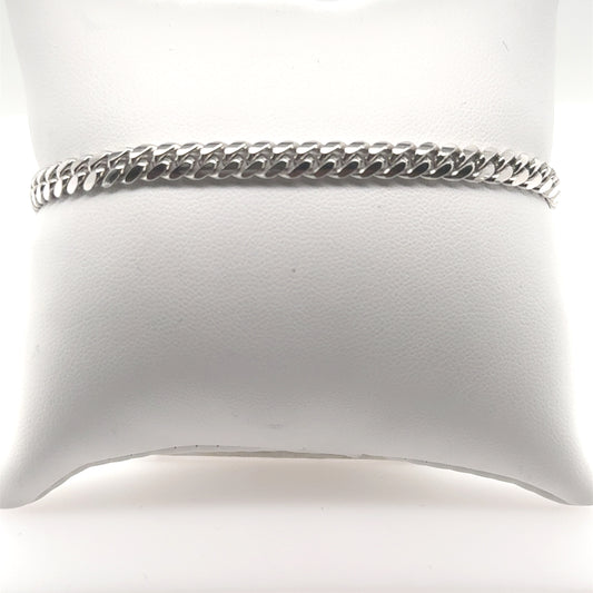 14K white gold Miami Cuban link bracelet with polished silver-tone chain.
