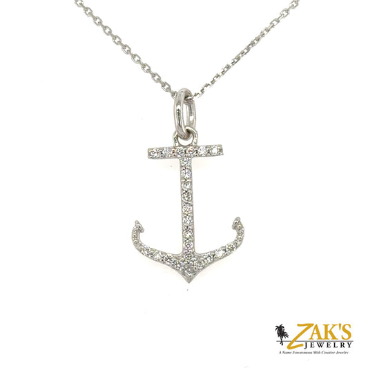 White gold anchor pendant pavé-set with round diamonds on a plain bail.