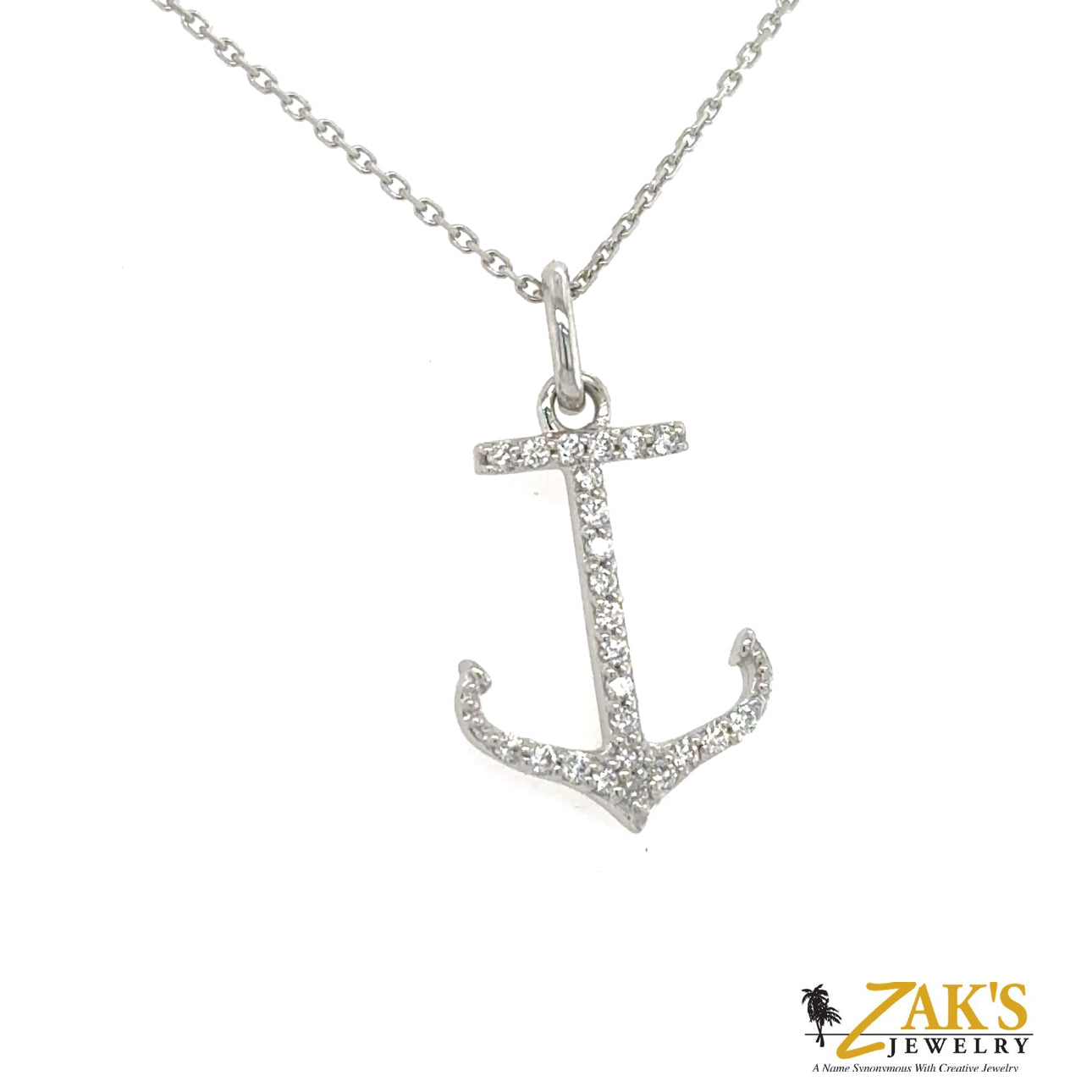14K white gold anchor pendant pavé-set with round diamonds on a plain bail.