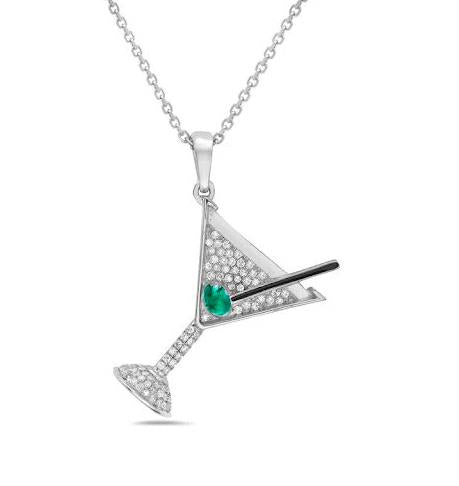 14K white gold martini glass pendant with pavé diamonds, green enamel olive, on cable chain.