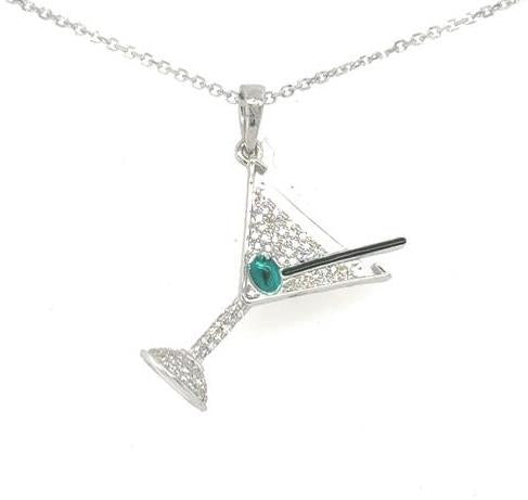 14K white gold martini glass pendant with pavé diamonds, green enamel olive, and stirrer on an 18-inch cable