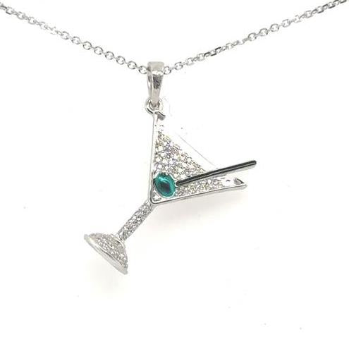 14K white gold martini glass pendant with pave diamonds and green enamel olive on cable chain.