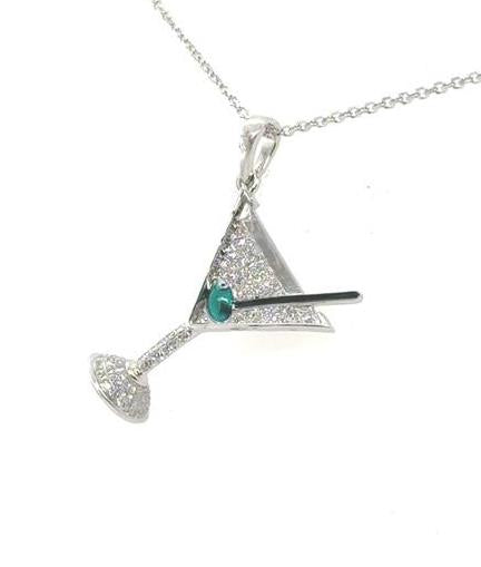 14K white gold martini glass pendant with pavé diamonds and green enamel olive.