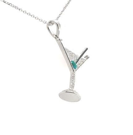 14K white gold martini glass pendant with pavé diamonds and green enamel olive on cable chain.