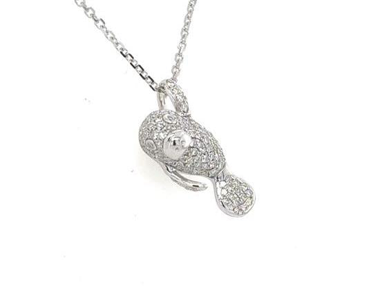 14K white gold diamond pave manatee pendant on an 18-inch cable chain.
