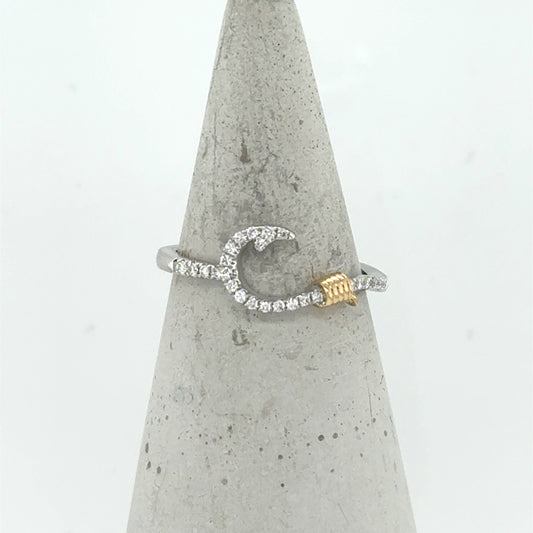 14K white gold ring with diamond fish hook motif and yellow gold rope accent.