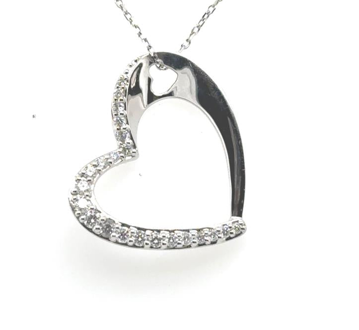 14K white gold open heart pendant with shared-prong diamonds on cable chain.