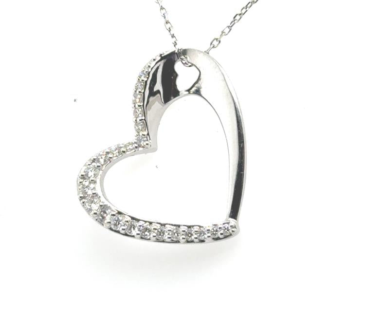 14K white gold open-heart pendant with shared-prong diamonds on an 18-inch chain.