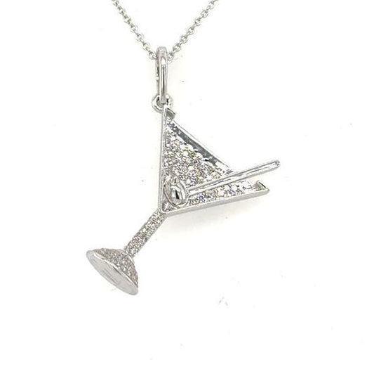 14K white gold martini glass pendant pavé-set with round diamonds on chain.