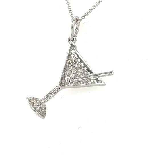 14K white gold diamond pavé martini glass pendant on an 18-inch rolo chain.