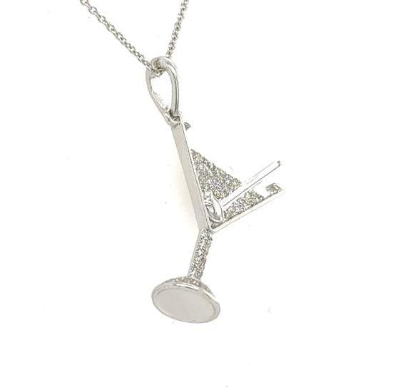 14K white gold martini glass pendant with pavé diamonds on rolo chain.