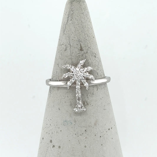 14K white gold ring with a pavé diamond palm tree motif on slim band.