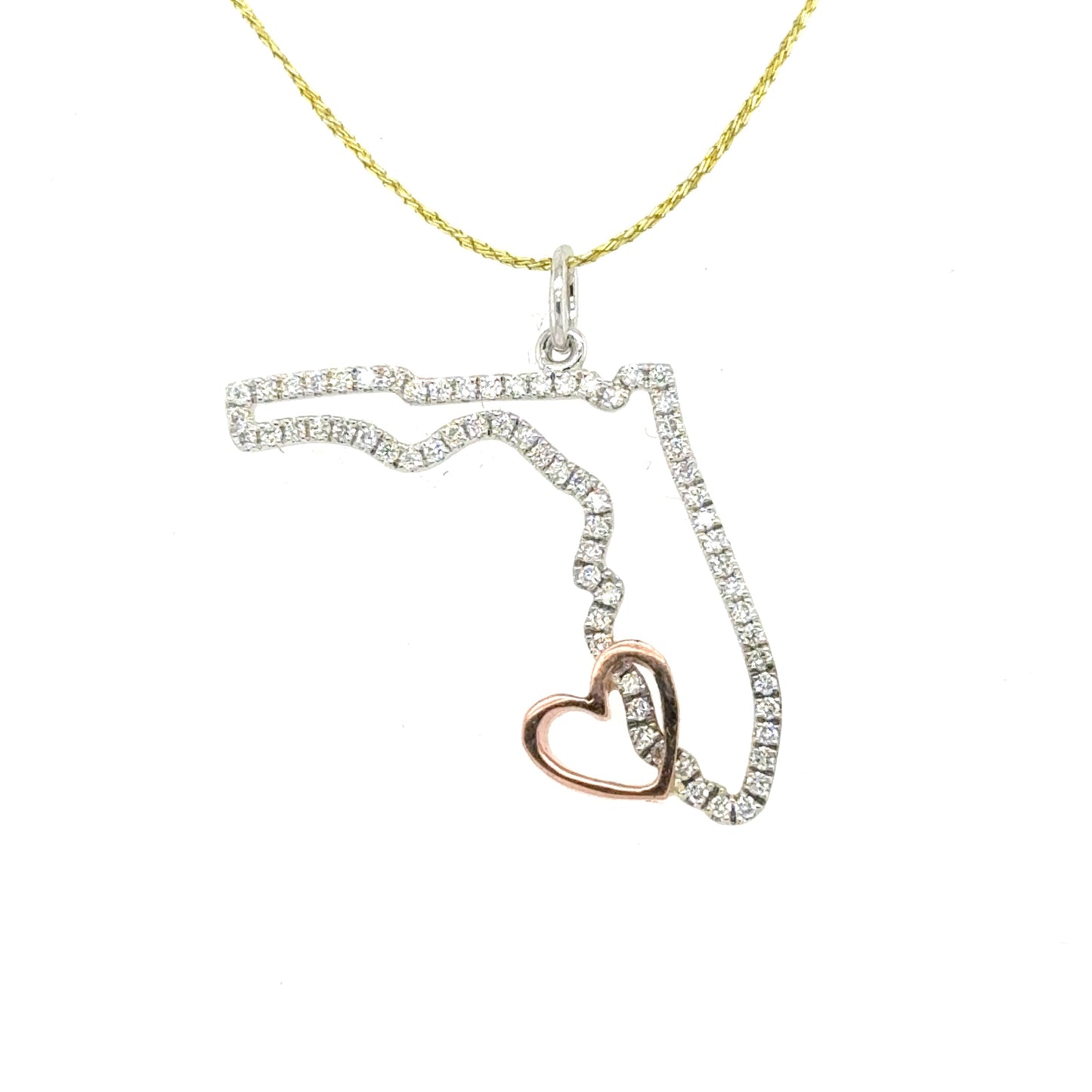 Diamond-outlined Florida pendant in white gold with a rose gold heart accent.