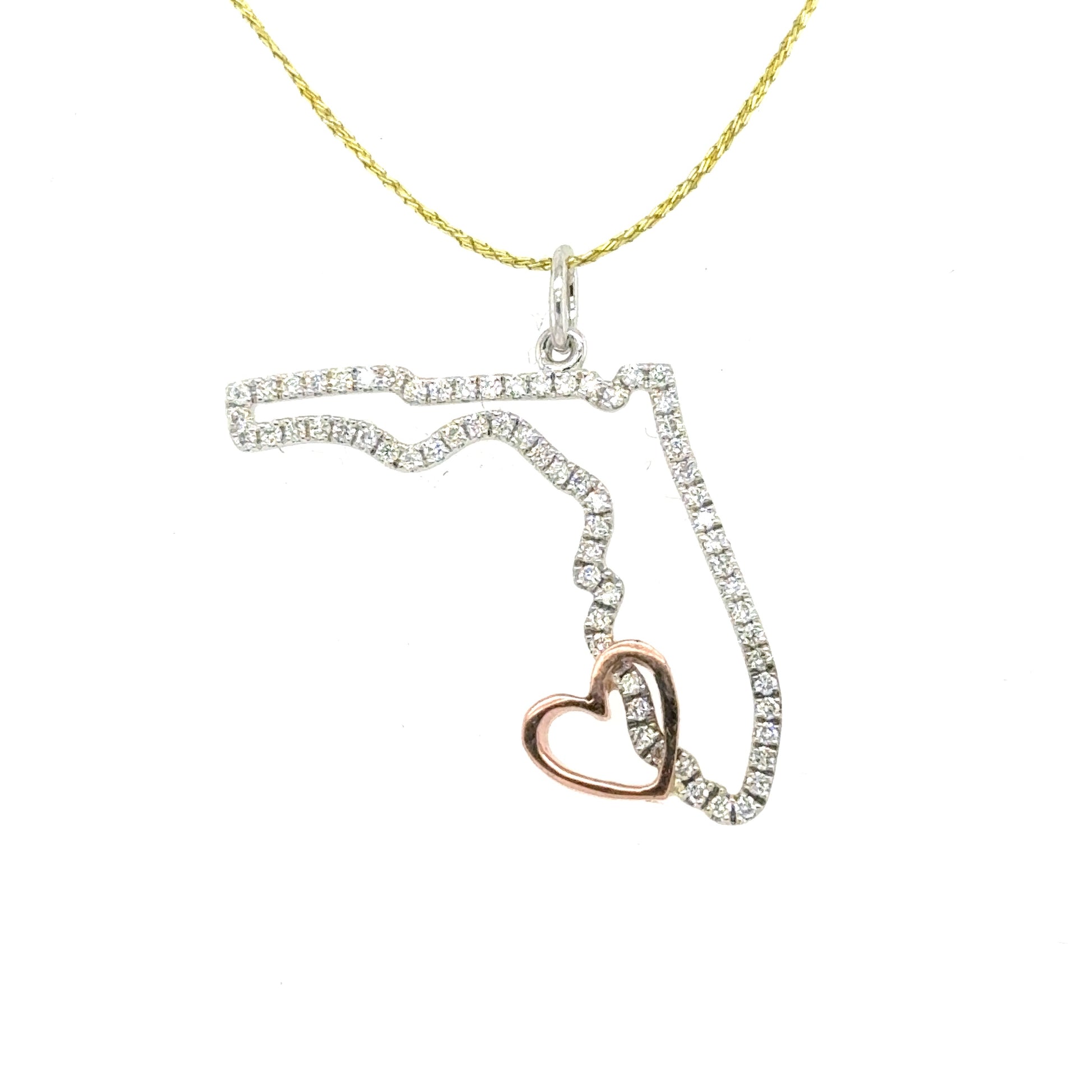 Diamond-outlined Florida pendant in white gold with a rose gold heart accent.