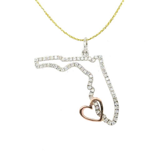 Diamond-outlined Florida pendant in white gold with a rose gold heart accent.