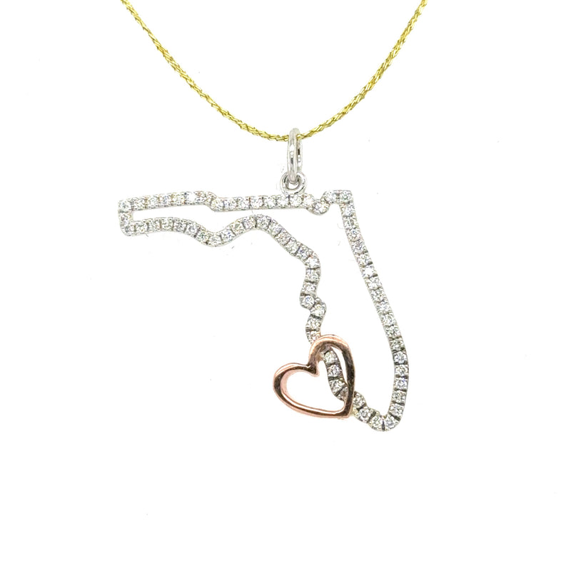 Diamond-outlined Florida pendant in white gold with a rose gold heart accent.