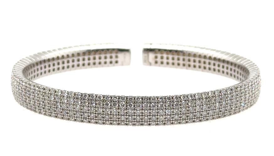 14K white gold open cuff bracelet with five rows of pavé-set diamonds.