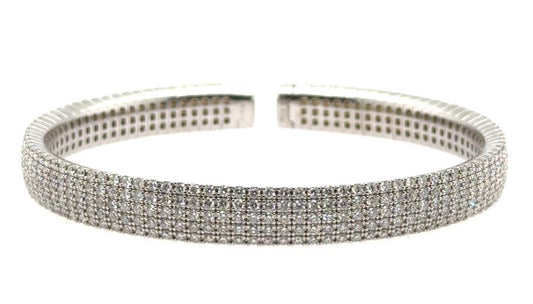 14K white gold open cuff bracelet with five rows of pavé-set diamonds.