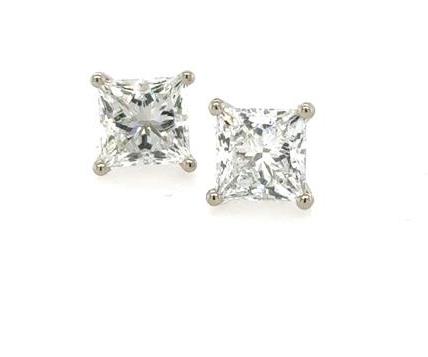 14K white gold stud earrings with princess-cut diamonds in four-prong settings.