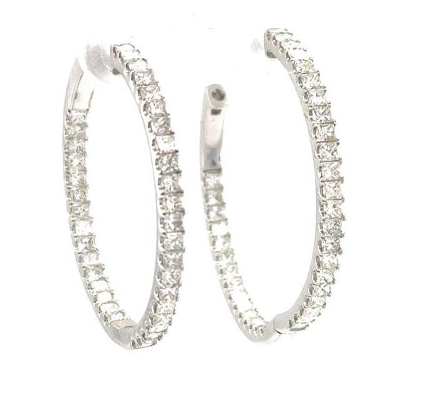 14K white gold inside-out hoop earrings with princess-cut diamonds along both edges.