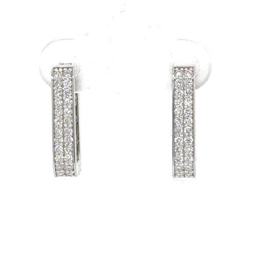 14K white gold rectangular hoop earrings with double rows of round diamonds.