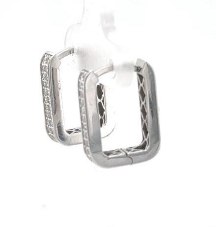 14K white gold rectangular hoop earrings with double-row round diamond pavé fronts.