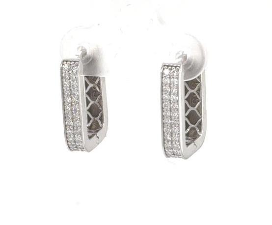 14K white gold rectangular hoop earrings with double rows of round diamonds.