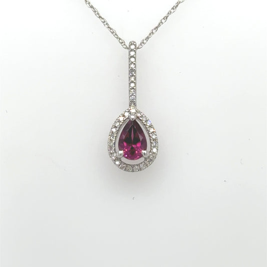 14K white gold pendant with pear-cut rhodolite garnet and diamond halo.